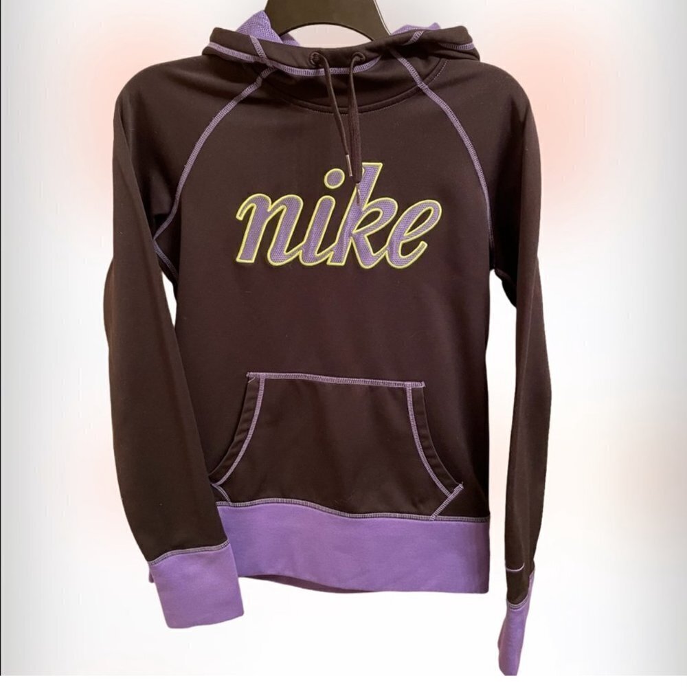 Nike Black Hoodie with Purple Trim and Yellow Logo